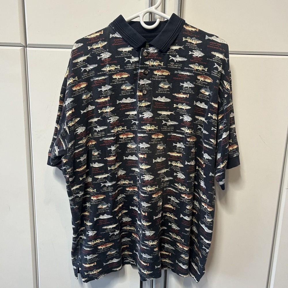 Knights of Round Table Mens 2XLT Navy Blue All Over Fish Print Polo Shirt Cotton